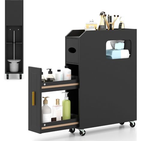 Organizzatore da 16 cm stretto e slim con portascopino e ruote con freno, Mobiletto da bagno piccolo per spazi ridotti Nero (1/4)