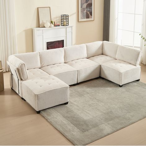 Canapé modulable 6 places en tissu cord beige, 308 cm, convertible U/L, avec poches (1/5)