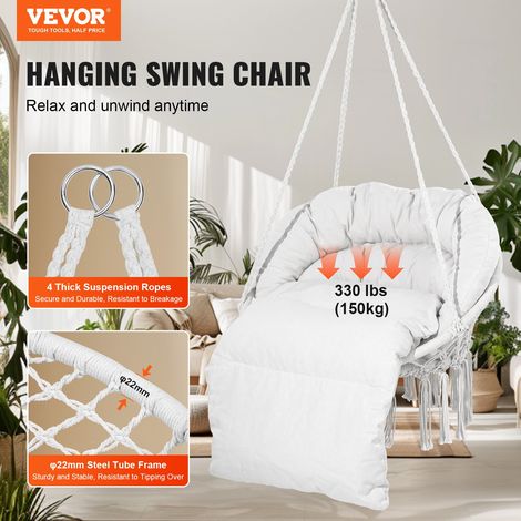 Fauteuil suspendu, 150 kg, chaise suspendue pivotante macramé, coussin, matériel de montage, corde en coton, chaise relax à franges… (1/5)