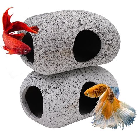 2 Pcs Fish Tank Decorations, Aquarium Hideaway Rocks for Aquatic Pets to Breed, Safe Ceramic Aquarium Cave Rocks for Shrimp Cichlid & Betta Fish, Decor Stone for Betta (1/5)