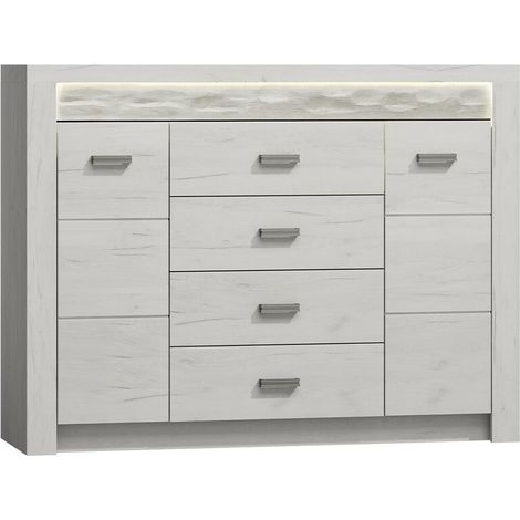 Commode Serfeno 104, Artisanat blanc, Tiroirs et portes, Nombre de tiroirs: 4, 104x137x42cm, LED: Disponible