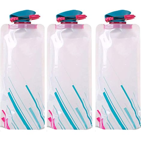 Juego de 3 botellas de agua plegables de 700 ml, libres de BPA, a prueba de fugas con clip, para acampar, practicar deportes y hacer senderismo. (1/5)
