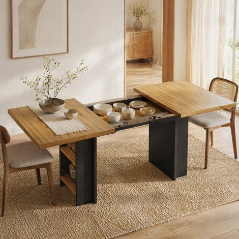 Mesa extensible de MDF 120-160 x 80 cm con estantes, color madera natural y negro (1/5)
