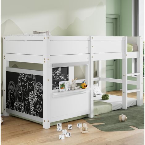 MEUBLIV Lit cabane enfant mezzanine avec tableaux à craie et étagère escalier 3 marches pin boisblanc couchage 90 x 200 cm