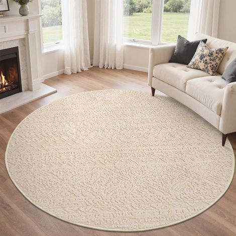 Tapis Salon Beige R120cm Géométrique Moderne 3D Crème antidérapant lavable en machine, doux et confortable pour chambre, séjour et salle à manger (1/5)