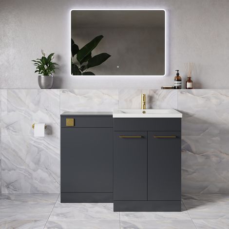 Napoli 460 Gloss Grey 1100mm 2 Door Vanity Unit Toilet Suite with Glide Basin - 1100mm - Brushed Brass 160mm HandleWithout Kingston Toilet Pan