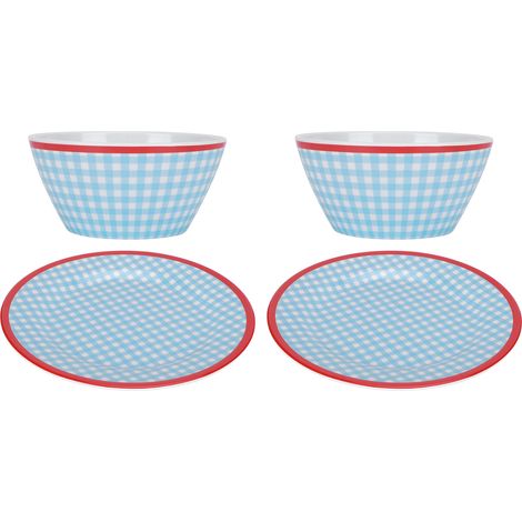 4 Pièces Bols à Salade Bleu Clair à Motifs Quadrillés Assiettes à Snack en Fausse Porcelaine Vaisselle