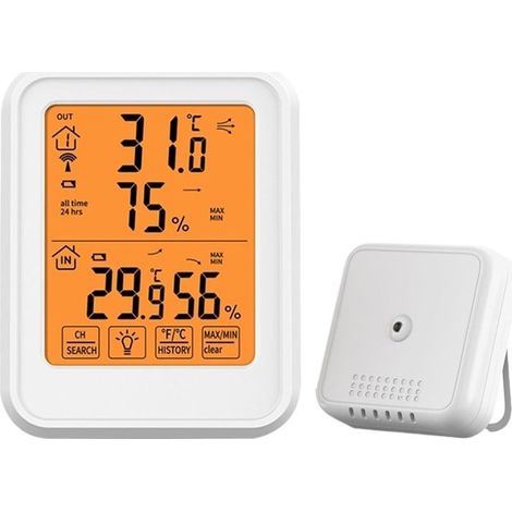 Innen- und Außenthermometer und Hygrometer, digitaler Temperatur- und Feuchtigkeitssensor, hintergrundbeleuchteter Touchscreen (weiß mit 1 Sensor) (1/4)