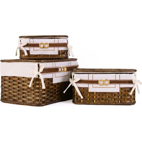 Scatola cesto con coperchio in bamboo marrone con fodera