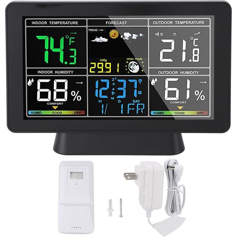 Estación meteorológica inalámbrica para interiores y exteriores con sensor de distancia, pantalla LCD a color de 7,5 pulgadas, pronóstico del tiempo, higrómetro, barómetro, alarma de temperatura y com