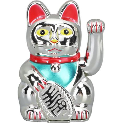 Chaton Maneki Neko Argent 13cm, Chat Porte-Bonheur Électrique pour Déco Bureau Maison, Figurine Feng Shui qui Attire Richesse et Succès, Idée Cadeau Chance (1/5)