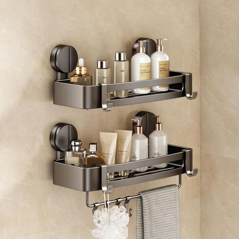 Mustorn Etagere Douche Ventouse sans Percage, Etagere Salle De Bain avec Porte Serviettes et Crochets Rangement et Organisation de La Salle de Bain Support Gel Douche(2 PièCes, Gris) (1/5)