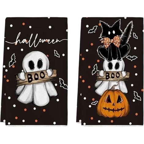 Juego de 2 paños de cocina de Halloween, toallas de mano con estampado de calabaza espeluznante, toallas de secado para cocina, hogar, sala, comedor y decoración de mesas. (1/5)