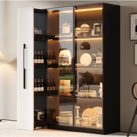 Vetrina in MDF 110,5 x 35 x 160 cm con LED, porta in vetro, nero e bianco HAVRYA (1/5)