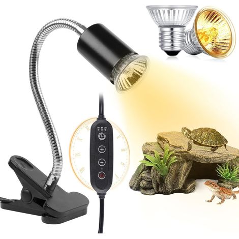Lampe UVA UVB pour Tortues (Minuterie Cyclique) Lot de 2 Lampes Chauffantes pour Reptiles de 75 W Luminosité et Minuterie Réglables pour Reptiles, Amphibiens, Tortues, Lézards, Serpents, Caméléons (1/5)