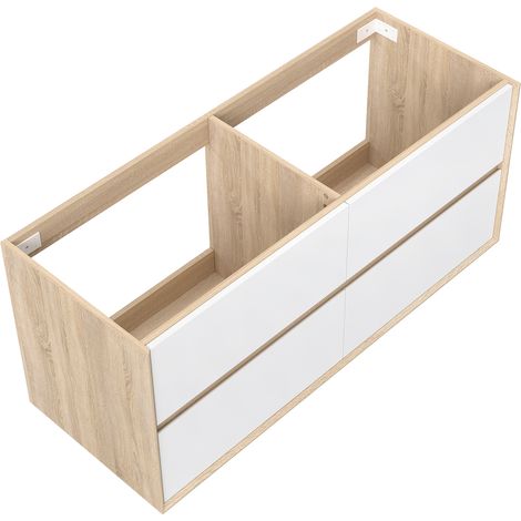 Meuble sous vasque suspendu 120 cm + 4 tiroirs, Blanc et Chêne, sans compter vasque