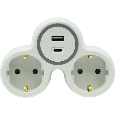 Zweifach-Splitter 2x Steckdose mit/mit Schuko 1xUSB A 1xUSB C R-21WS/S/B W-72010