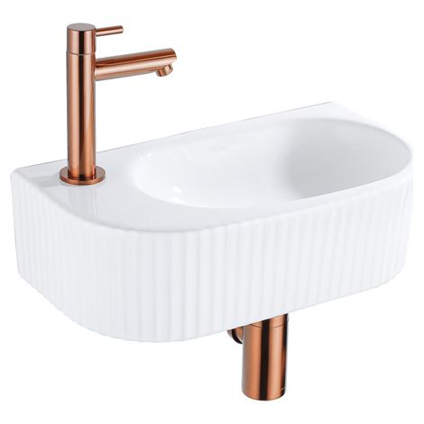 QeramiQ Fuente Ensemble de lavabo - 40x21.5x12cm - gauche - nervuré - demi-rond - 1 trou de robinet - céramique - robinet de lavabo cuivre brossé -
