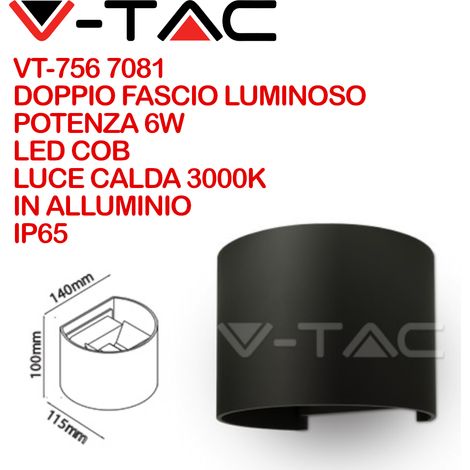 V-TAC VT-756 7081 Lampada LED da Muro Arrotondata Doppio LED COB 6W Colore Nero Satinato Fascio Luminoso Regolabile 3000K IP65 (1/5)