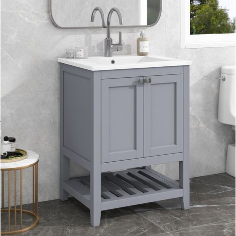 Mobile lavabo 61x46x90 cm in legno e MDF grigio con contenitore per bagno FloraGrace (1/5)