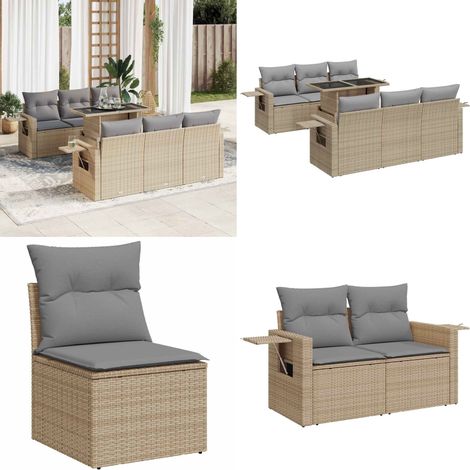 Set sofás de jardín 7 piezas y cojines ratán sintético beige - Cojines de jardín - Muebles de exterior