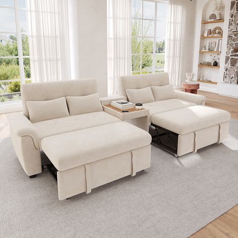 Canapé convertible 4 places en chenille,dossier réglable,table basse avec 2 porte-gobelets,4 coussins,espace pour animaux,Canapé lit en U,beige (1/5)