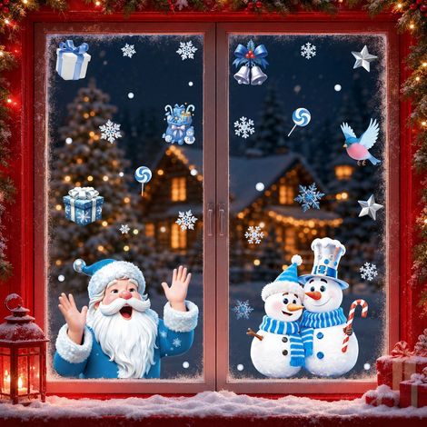 Décorations bleues de Noël et d'hiver, autocollants de fenêtre bonhomme de neige, autocollants de fenêtre Père Noël faisant signe, ambiance festive.