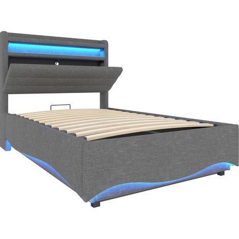 Cama tapizada 90 x 200 cm con LED, almacenaje hidráulico, USB y Type-C, gris (1/5)