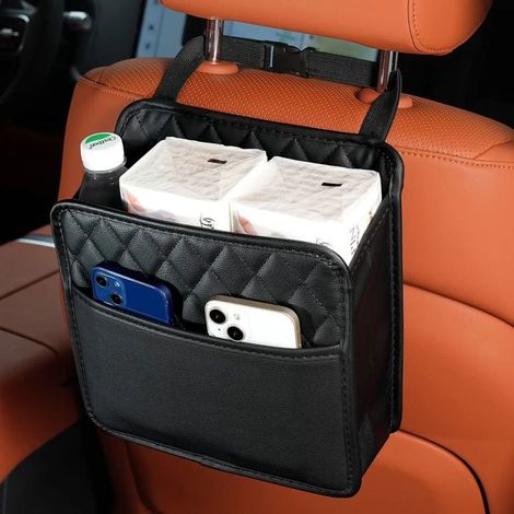 Borsa portaoggetti multifunzionale per sedile auto - Materiale in pelle - Con sacco per i rifiuti e sacca portaoggetti - Adatta a tutti i modelli di auto (1/4)