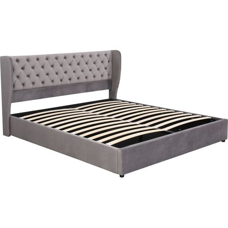 Cama arcón tapizada de terciopelo gris 160 x 200 cm con somier de láminas (1/5)