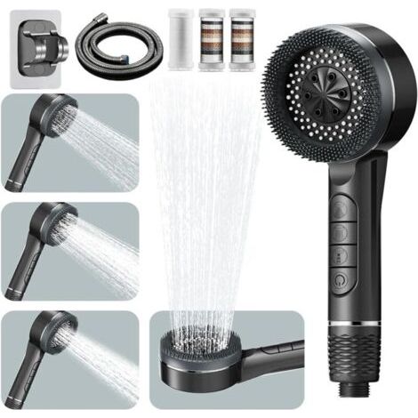 Pommeau de Douche Haute Pression, Pommeau Douche Economie Deau 4 Types de Jets Pommeau de Douche Anti Calcaire avec u Douche 1.5M et Support de Douche, avec Bouton D'arrêt D'eau, Gris (1/5)