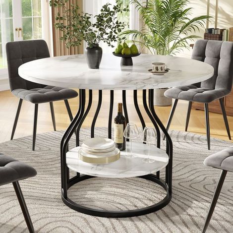Table à manger - WESTYLE - Table ronde 80 cm - Plateau MDF effet marbre - Structure métal - Rangement intégré (1/5)
