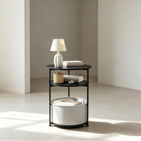 Table d’appoint ronde 43x43x56 cm métal noir, rangement intégré, gain de place – MEUBLIV (1/5)