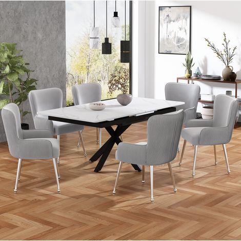 Silla tapizada de terciopelo gris con patas de metal plateado, reposabrazos y pies regulables,57×47.5×83cm (1/5)