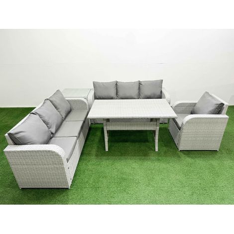 Fimous 7 Seater Poly Rattan Outdoor Garden Furniture Rectangular Dining Table Sofa Set Patio 3 Seater Sofa Reclining Chair 3 Seater Sofa Side Table Light Grey (1/4)