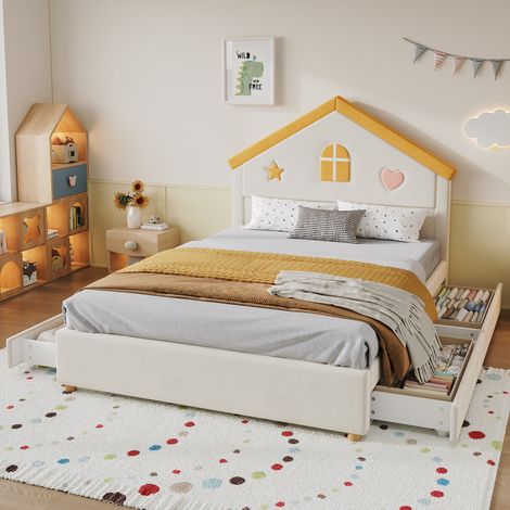 Cama infantil tipo cabaña 140x200 cm con sommier de láminas y 4 cajones - Cama tapizada juvenil de terciopelo con cabecero de casita - Beige (1/5)