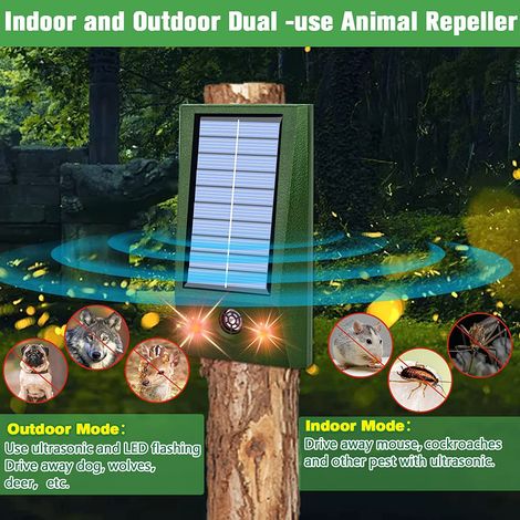 4-in-1 ultrasonic repellent for mice, birds, dogs, and cats. Infrared sensor with flashing red and white LEDs. Solar-powered. Waterproof. Suitable for outdoor use.--DTEKGAZ