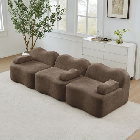Canapé de esquina modular de terciopelo marrón, 3 plazas, sin estructura interna y asiento profundo (1/5)