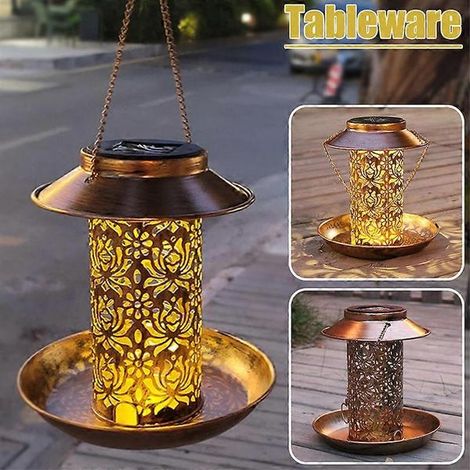 Mangeoire solaire d'extérieur avec lumière LED, cage à oiseaux en cuivre creux pour jardin, pelouse et terrasse. (1/4)