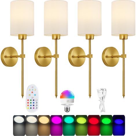 Lot de 4 appliques murales rechargeables dorées avec télécommande, lampe de chevet, lumière colorée, convient pour le salon (1/5)