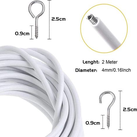 Corde à ressort en PVC gainé de 2 mètres, œillets, 4 crochets en forme de point d'interrogation, 4 accessoires pour rideaux (1/5)