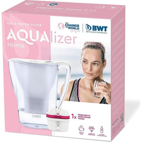 BWT Caraffa filtrante per acqua Aqualizer bianca 2,7 l – Riduce calce, cloro e impurità e arricchisce con magnesio, incl. 1 cartuccia (1/5)