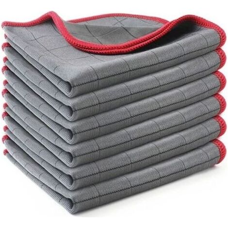 Chiffon Magique Microfibre Carbone , 6 X Serviette Sans Trace à Polir, Lingette Essuie Verre Vitre Lunette Vaisselle Cuisine Menage Voiture, Torchon Nettoyage Réutilisable Lavable, Rouge (1/5)
