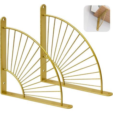 2 Supports D'étagères en Forme D'éventail Doré, Equerre Etagere Murale, Support Mural en Métal pour Restaurant, Support Triangulaire Flottant, étagères d'a (Or) (1/4)