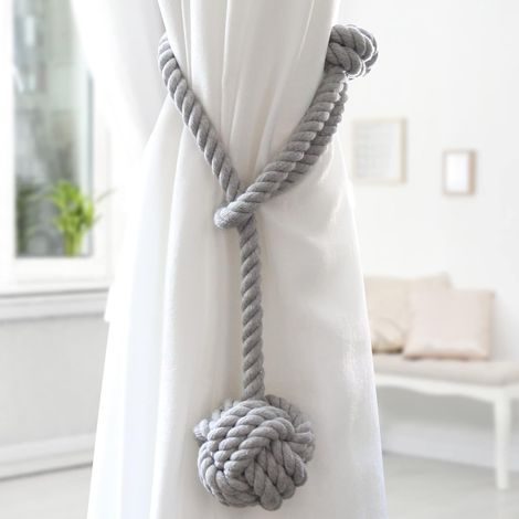 Ensemble de 2 rideaux (gris) avec de gros pompons en coton tissés à la main pour l'extérieur (1/5)