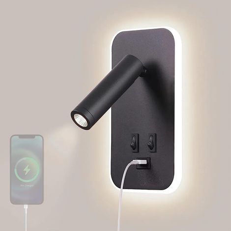 LED Applique Murale avec Port de Charge USB Moderne Luminaire Mural avec Interrupteur Lampe de Chevet Lecture Rotative à 330° Eclairage Mural Salon Chambres Hotel (Rectangle Noir,Lumière Blanche) (1/5)