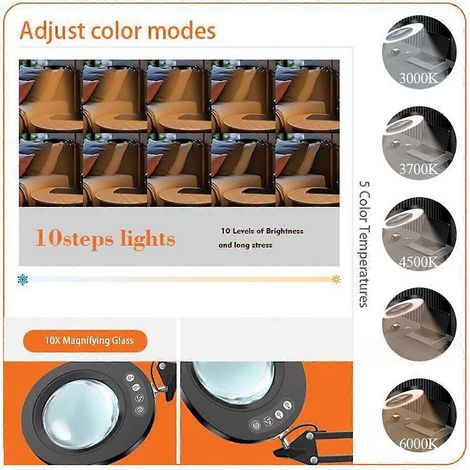 Lampe loupe de table LED à grossissement x10, 5 modes de couleur, 10 niveaux de luminosité, bras pivotant multi-axes - JBMEDIA (1/4)