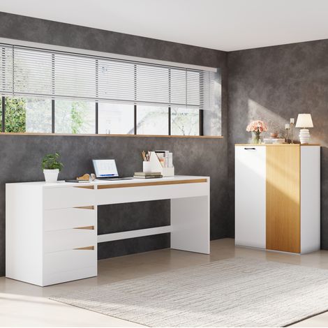Schreibtisch-Set 140x50 cm MDF Weiß/Eiche mit Aktenschrank – MEUBLIV (1/5)
