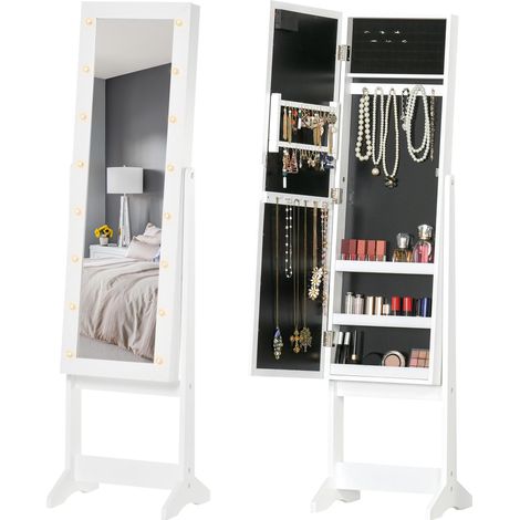 Armoire à bijoux avec miroir réglable et éclairage LED blanc chaud, 36 x 30 x 136 cm