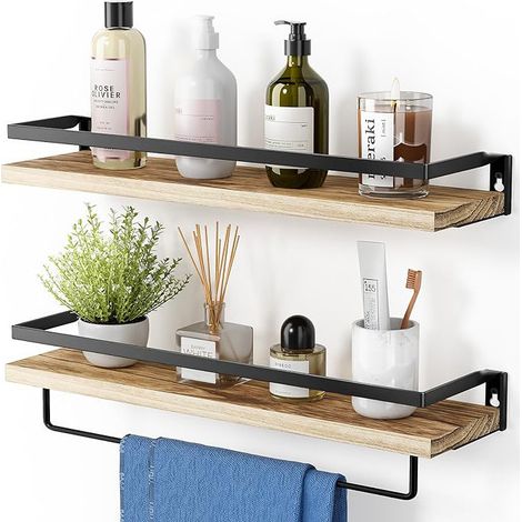 AGM Etagere Murale Lot de 2, Etagères Murales Flottantes en Bois, Porte-Serviettes et Crochets Amovible, Charge Maximale 15kg pour Salon, Chambre, Bureau, Salle de Bain, Cuisine (1/5)